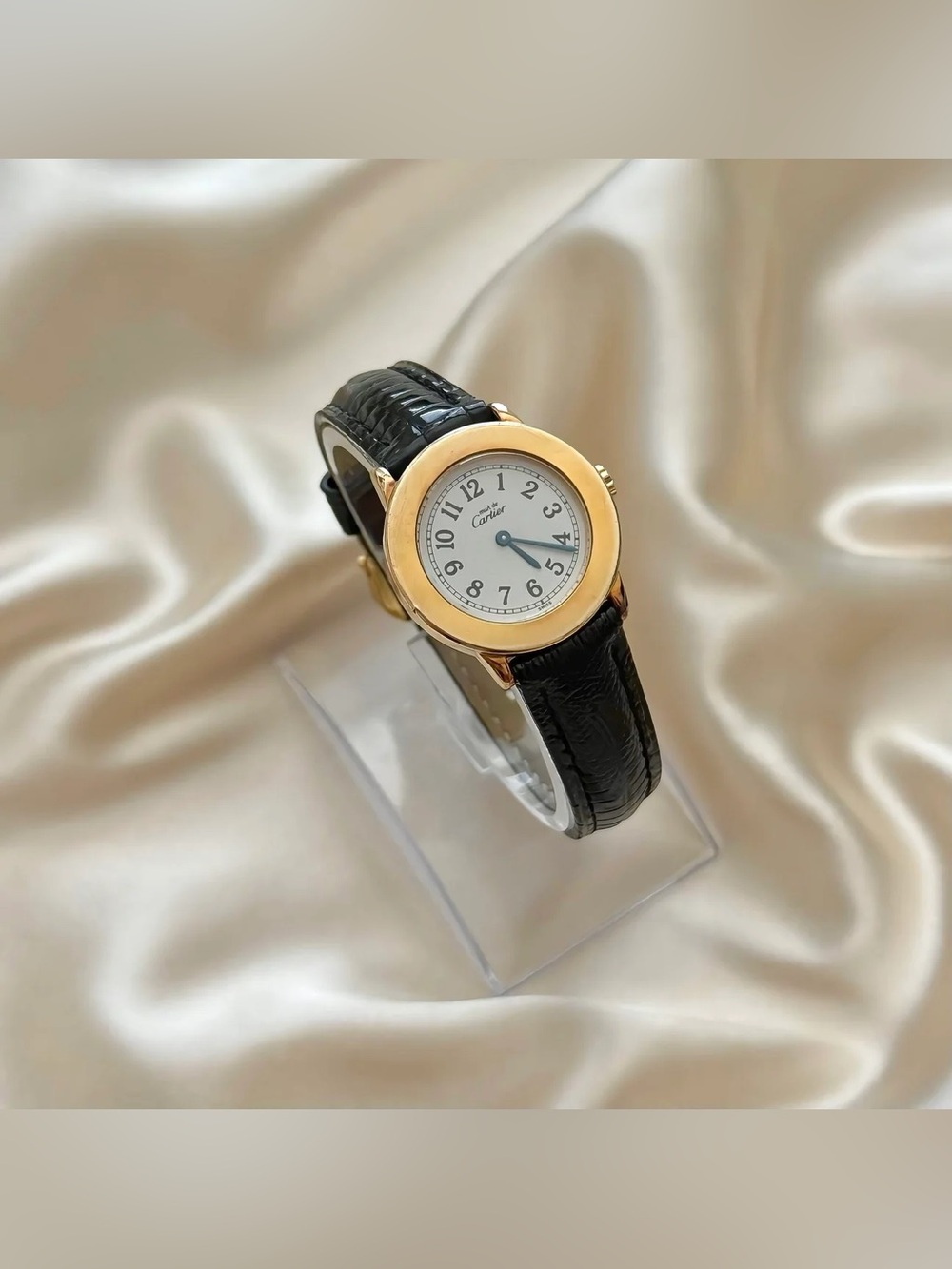 AUTHENTIC VINTAGE CARTIER BLACK LEATHER WATCH - WITH BOX - Picture 3 of 8